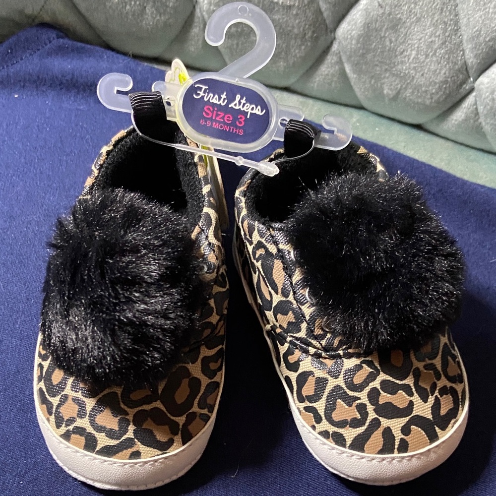 First Steps Leopard Print Baby Shoes with Black Pom Pom